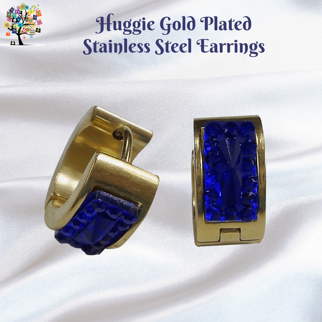 Gold Plated Stainless Steel Round Huggies Earrings Dark Blue Pave Crystals
